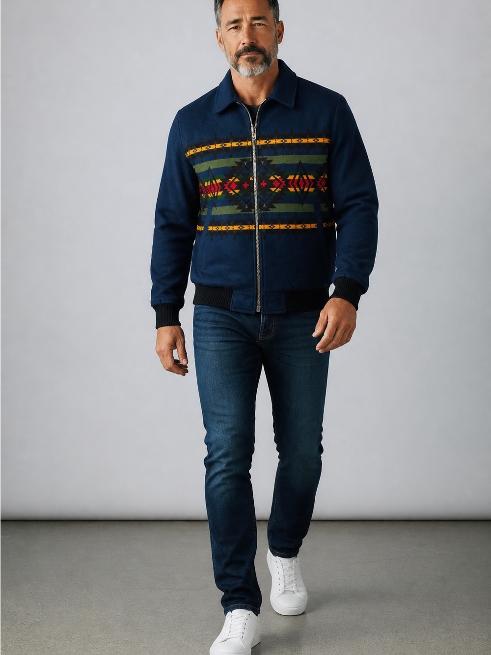 Vintage Pendleton High Grade Western Wear Wool Bomber Jacket Aztec Navy XL